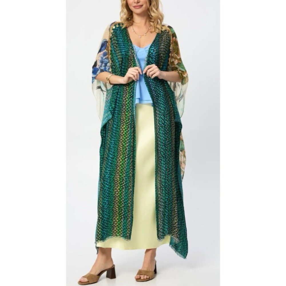 Saachi Shimmering Floral Print O/S Open Jacket Floral Long Kimono Top NEW $180